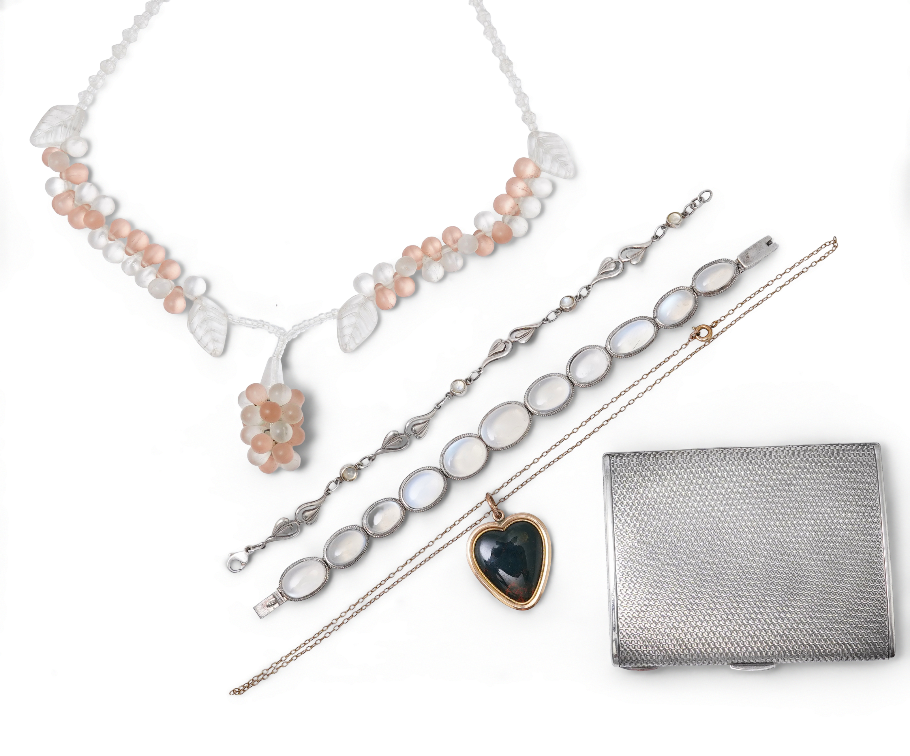 A collection of jewels and accessories including a moonstone bracelet